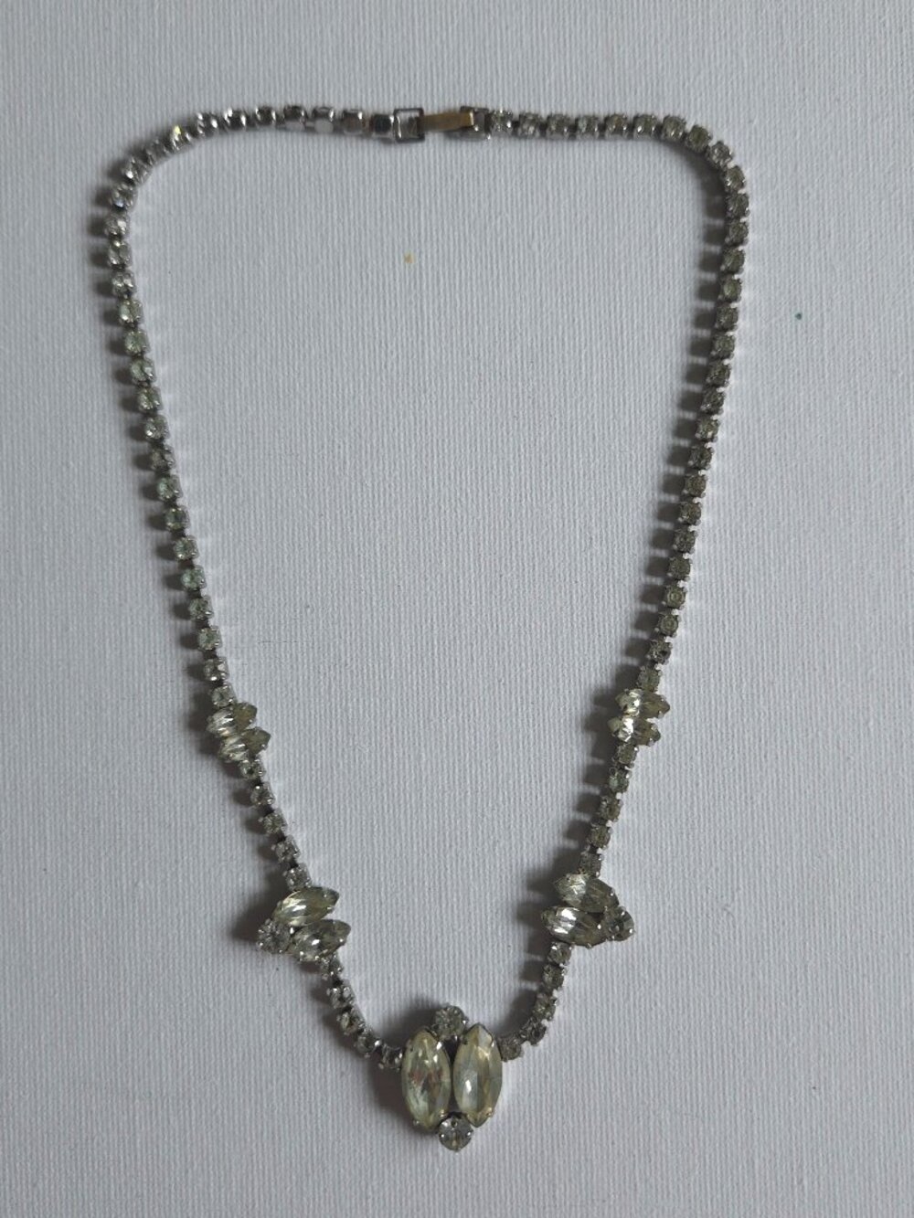 Vintage Signed Jay Flex Sterling Silver Clear Rhinestone Necklace Marquise 1950s